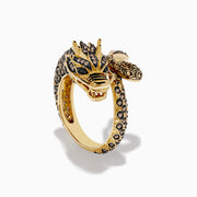 The Safari 14K Yellow Gold Brown Diamond Dragon Ring features intricate detailing with brown diamonds and clear gemstones along its body and head, shown against a white background.