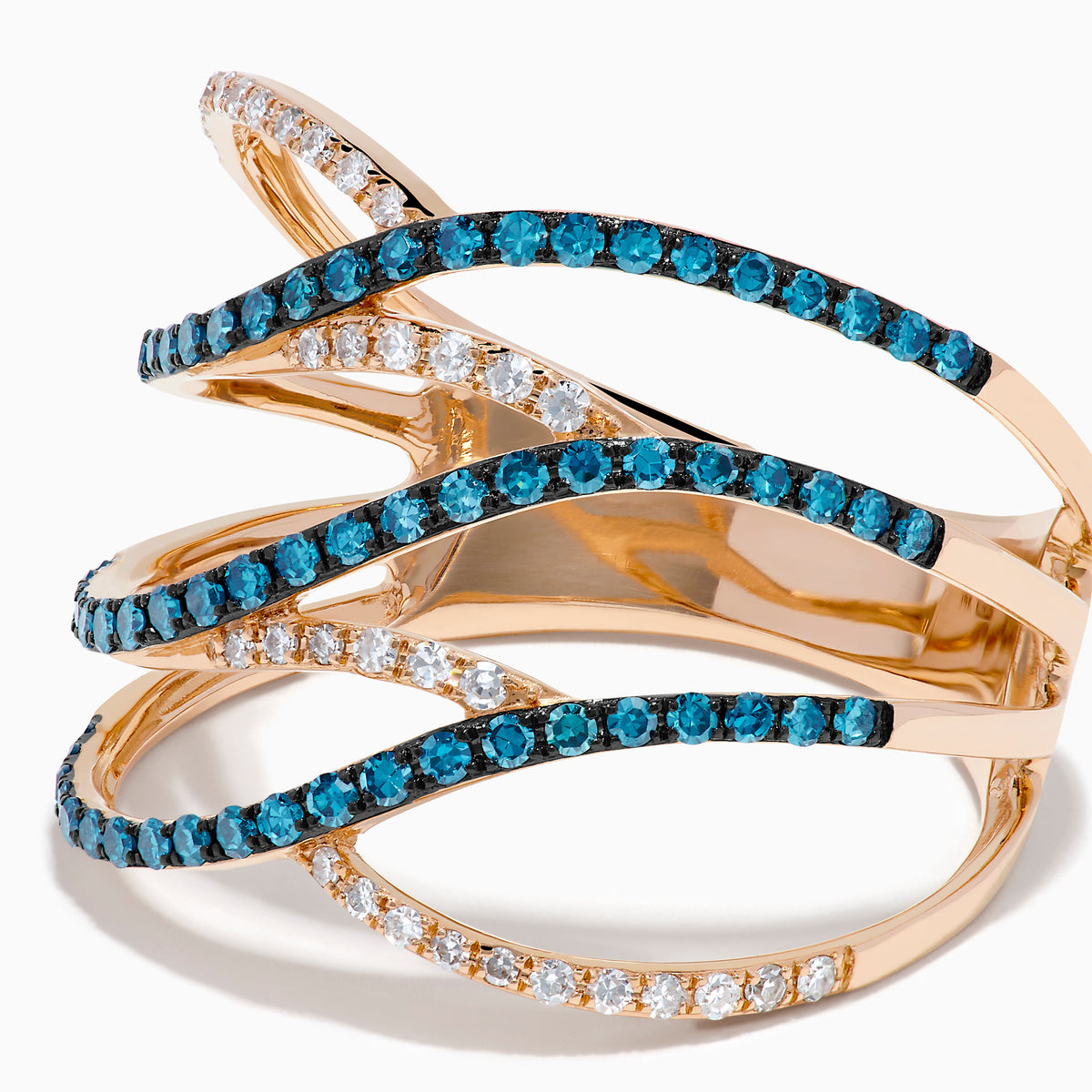 14K Rose Gold Blue and White Diamond Pavé Open Waves Ring