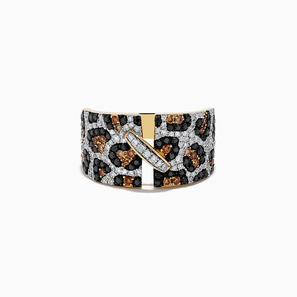 The Signature 14k Yellow Gold Panther Spot Diamond Ring features a wide band with black, brown, and white stones in a leopard pattern, accented by a yellow gold stripe and a diagonal row of white diamonds. Shown on a plain white background.