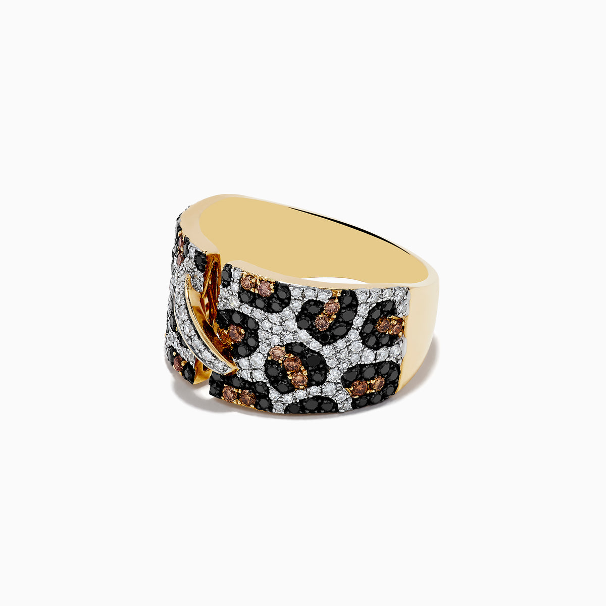 The Signature 14k Yellow Gold Panther Spot Diamond Ring features a wide band with black, brown, and white stones in a leopard pattern, accented by a yellow gold stripe and a diagonal row of white diamonds. Shown on a plain white background.