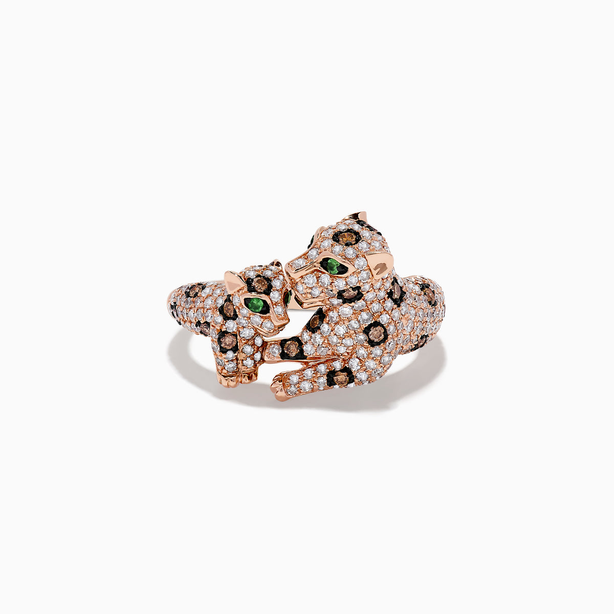 The Signature 14K Rose Gold Diamond Double Panther Ring features a sleek, diamond-encrusted panther design with black spots and green gemstone eyes, elegantly wrapping around your finger.