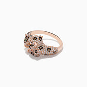 The Signature 14K Rose Gold Diamond Double Panther Ring features a sleek, diamond-encrusted panther design with black spots and green gemstone eyes, elegantly wrapping around your finger.