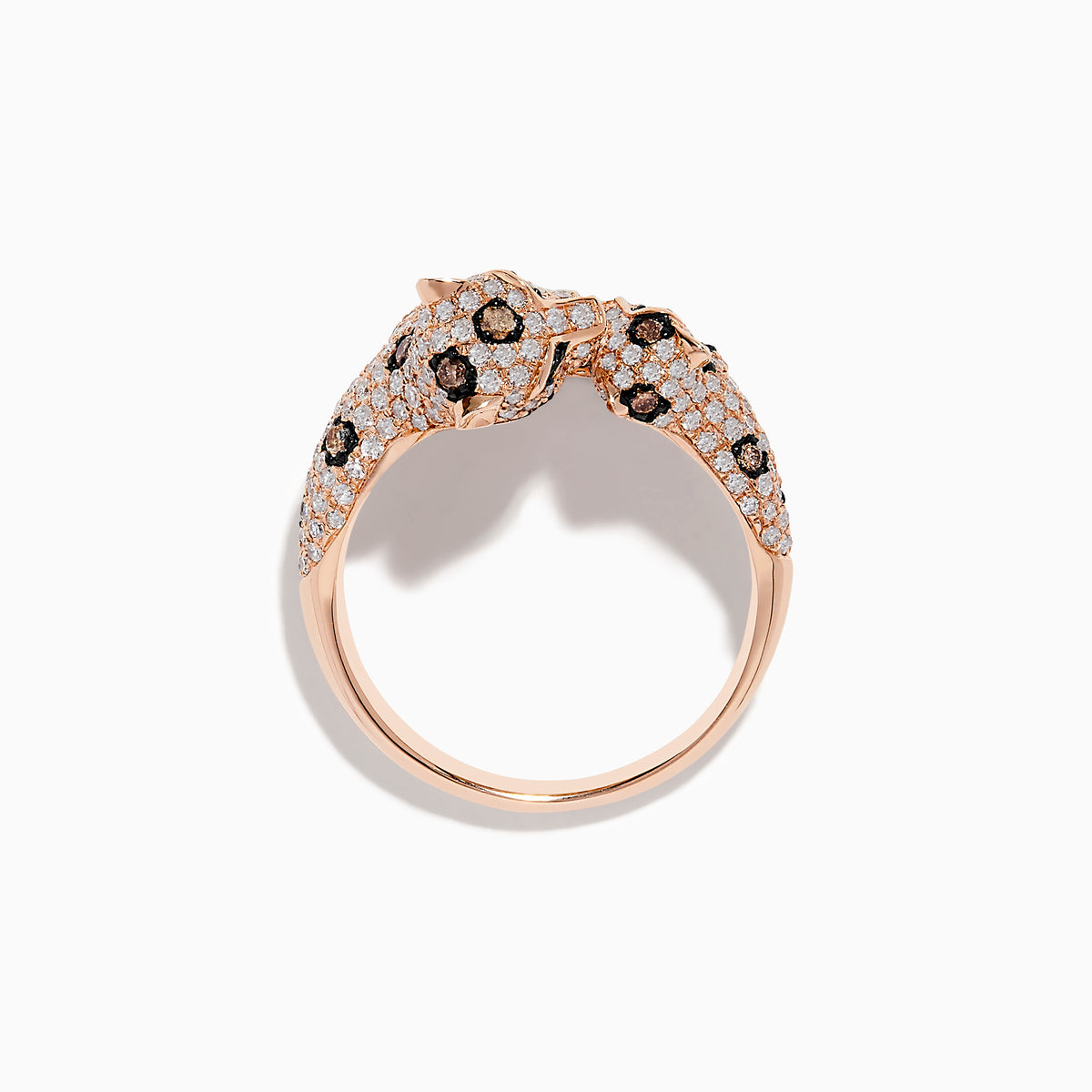 The Signature 14K Rose Gold Diamond Double Panther Ring features a sleek, diamond-encrusted panther design with black spots and green gemstone eyes, elegantly wrapping around your finger.