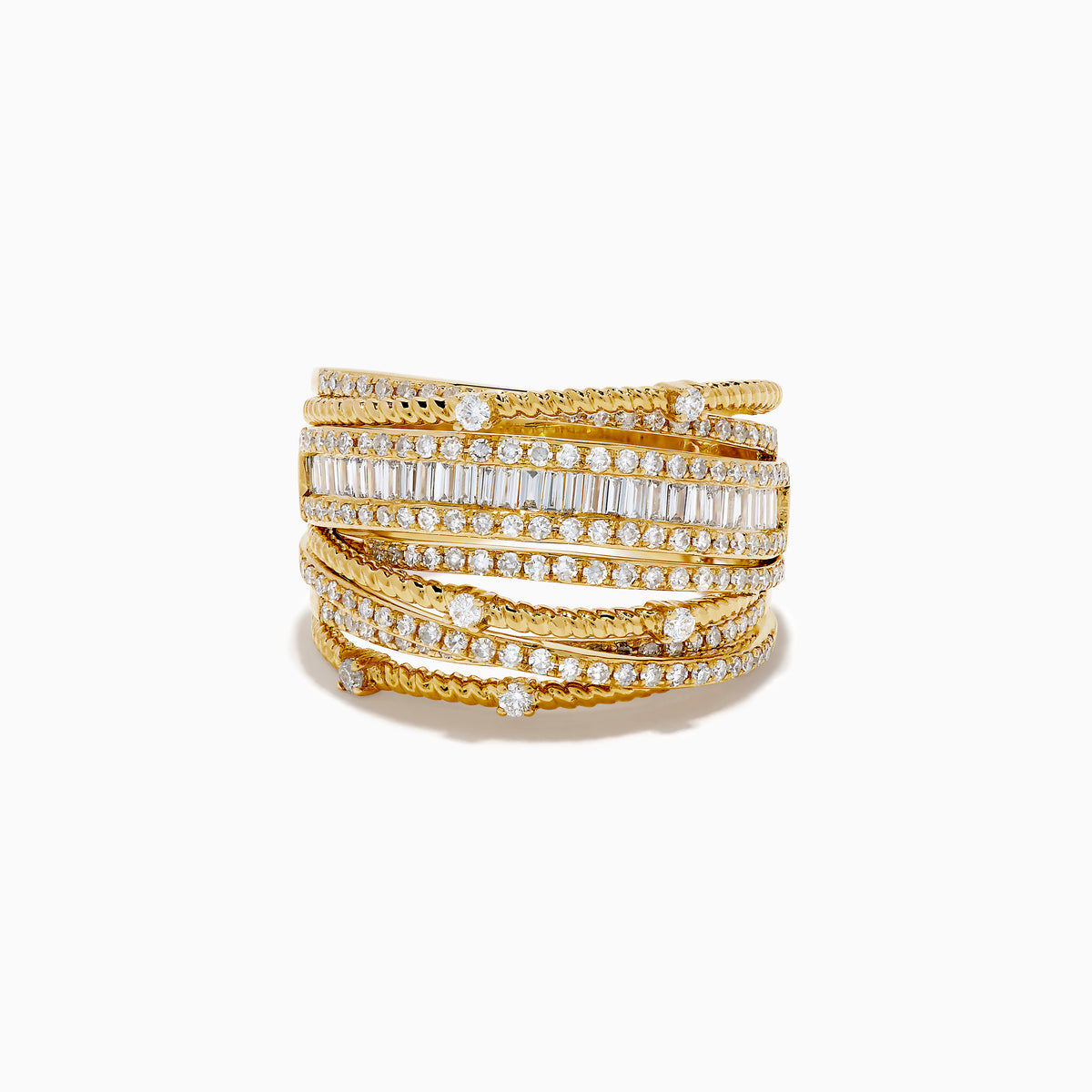 The 14K Yellow Gold Diamond Statement Crossover Ring features multiple overlapping bands with round and baguette diamonds, creating a striking, textured layered look against a white background.