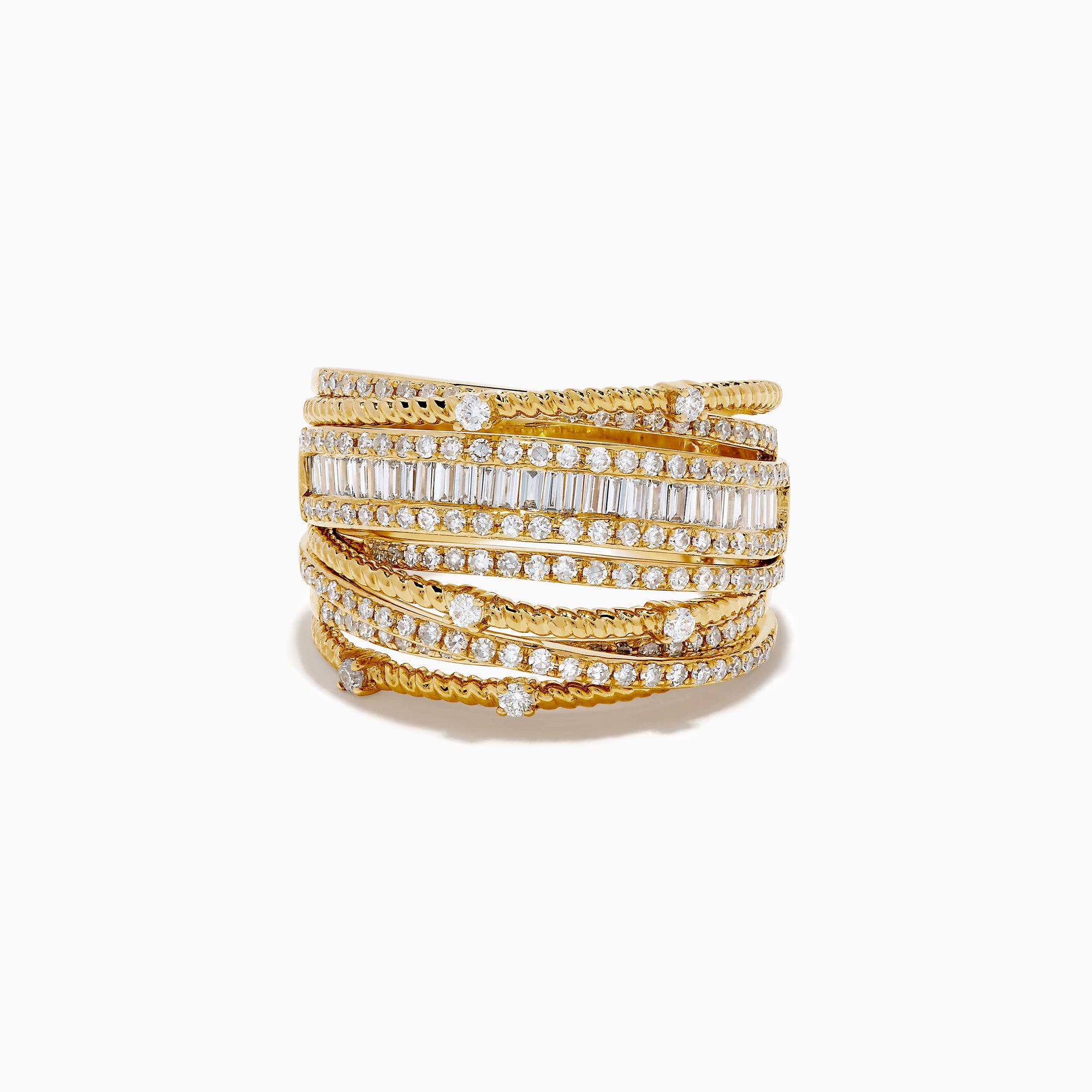 The 14K Yellow Gold Diamond Statement Crossover Ring features multiple overlapping bands with round and baguette diamonds, creating a striking, textured layered look against a white background.
