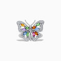 The Watercolors 14K Gold Multi Sapphire and Diamond Butterfly Ring features a silver butterfly with diamond-accented wings and colorful orange, green, blue, and purple sapphires at the center. Shown on a white background.