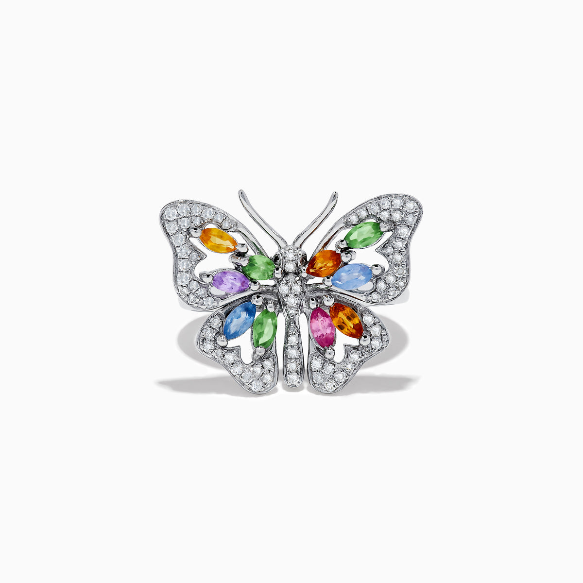 The Watercolors 14K Gold Multi Sapphire and Diamond Butterfly Ring features a silver butterfly with diamond-accented wings and colorful orange, green, blue, and purple sapphires at the center. Shown on a white background.