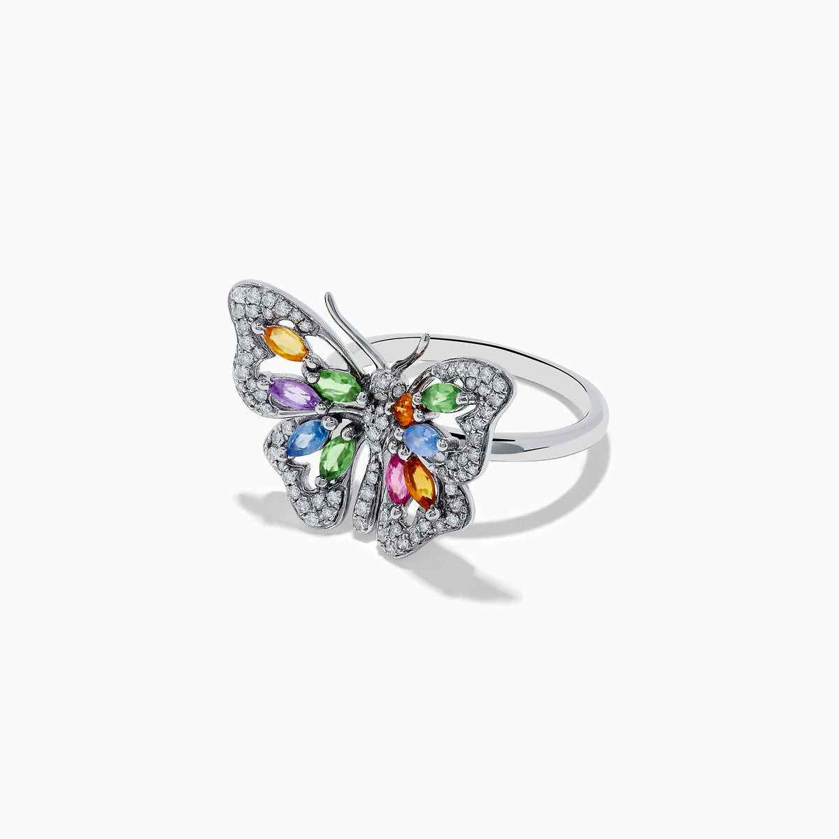 The Watercolors 14K Gold Multi Sapphire and Diamond Butterfly Ring features a silver butterfly with diamond-accented wings and colorful orange, green, blue, and purple sapphires at the center. Shown on a white background.