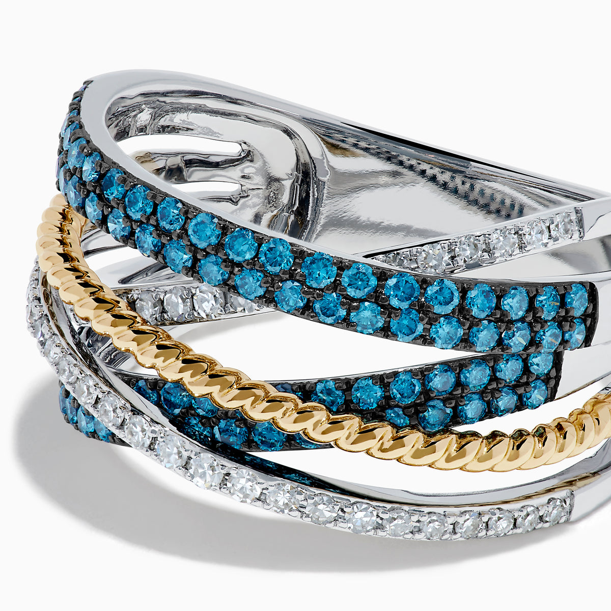 14K Two-Tone Gold Blue and White Diamond Pave Crossover Ring