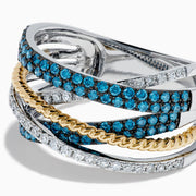 14K Two-Tone Gold Blue and White Diamond Pave Crossover Ring