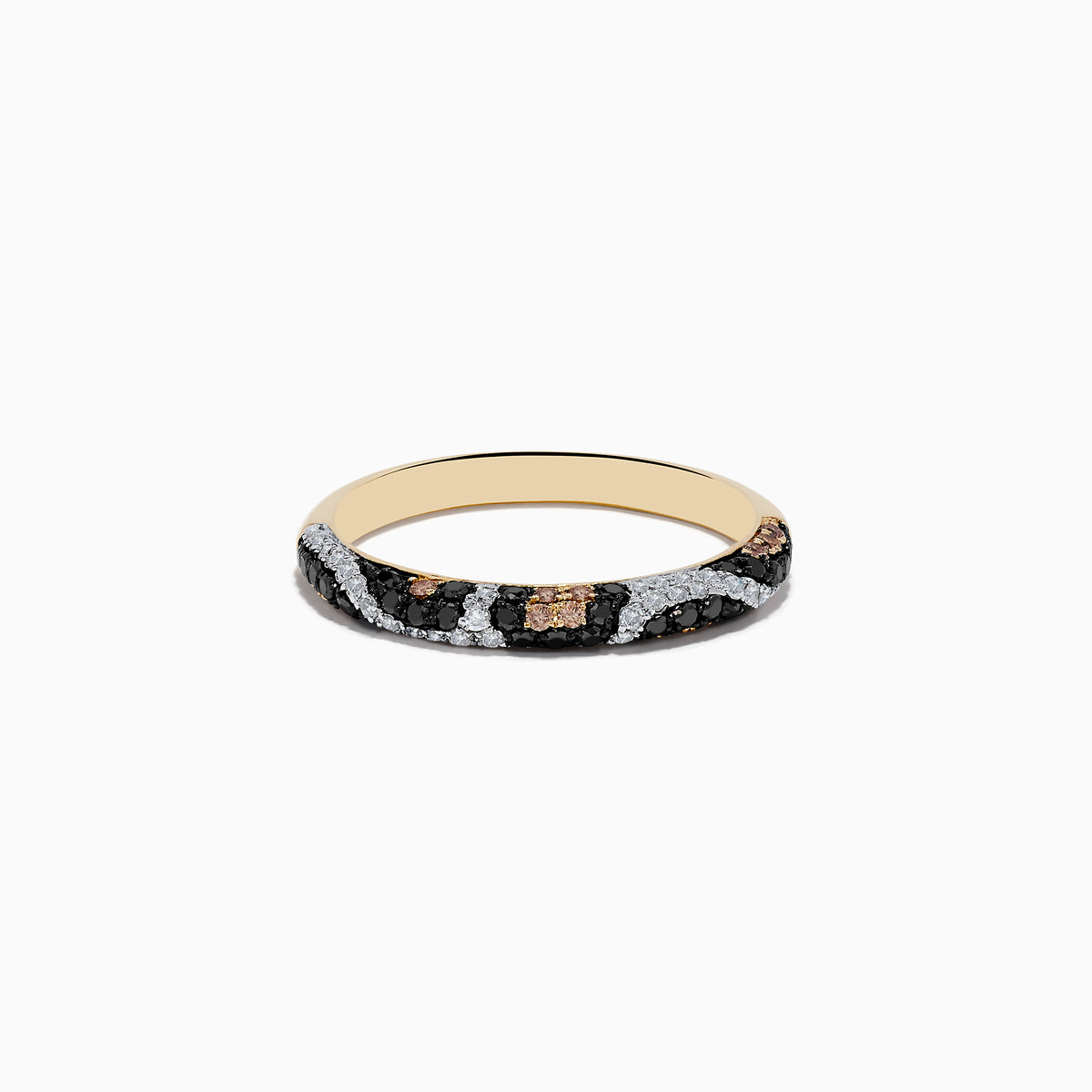 The Signature 14K Yellow Gold Black, Espresso, and White Diamond Ring features a wavy animal print band with sparkling diamonds and is shown against a plain white background.
