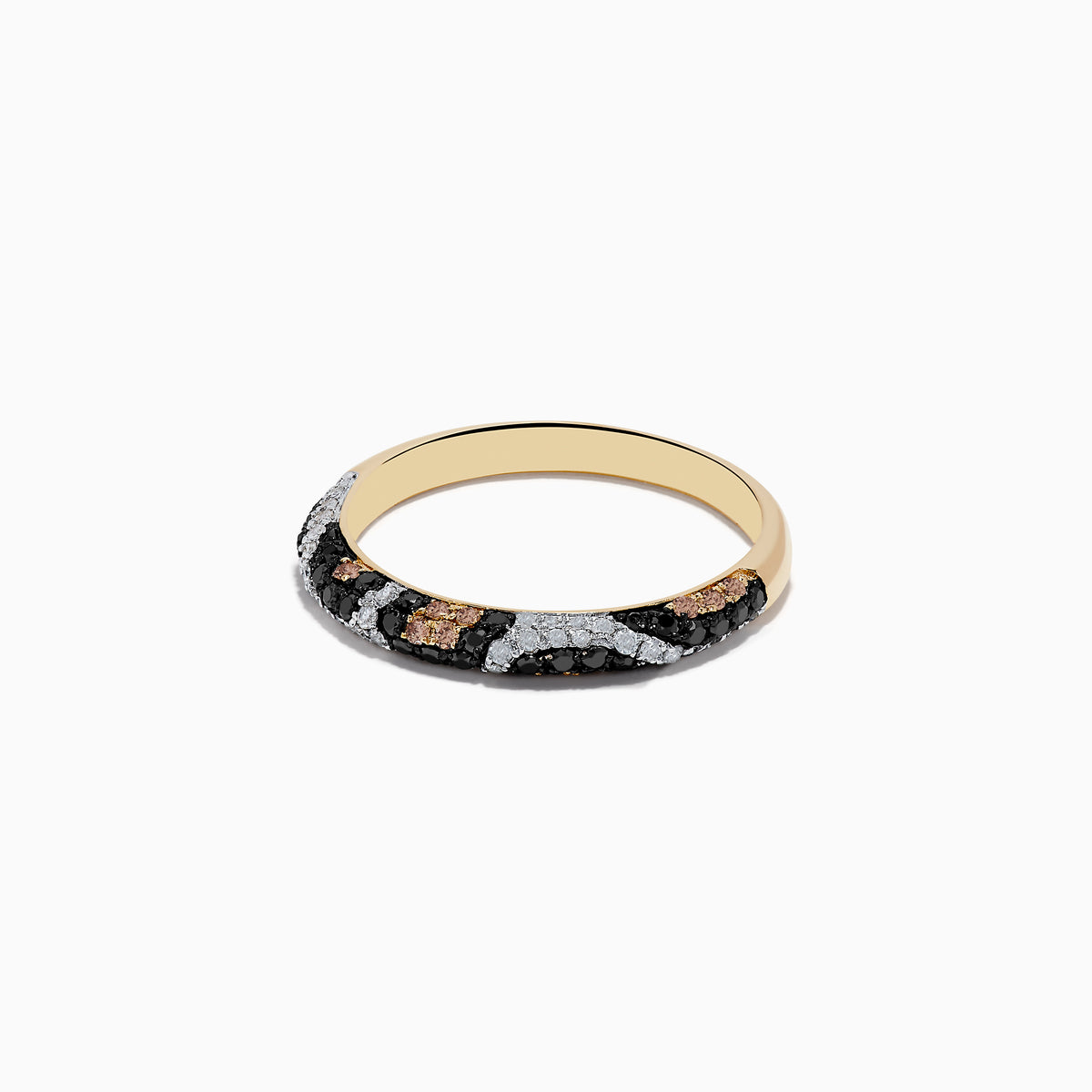 The Signature 14K Yellow Gold Black, Espresso, and White Diamond Ring features a wavy animal print band with sparkling diamonds and is shown against a plain white background.
