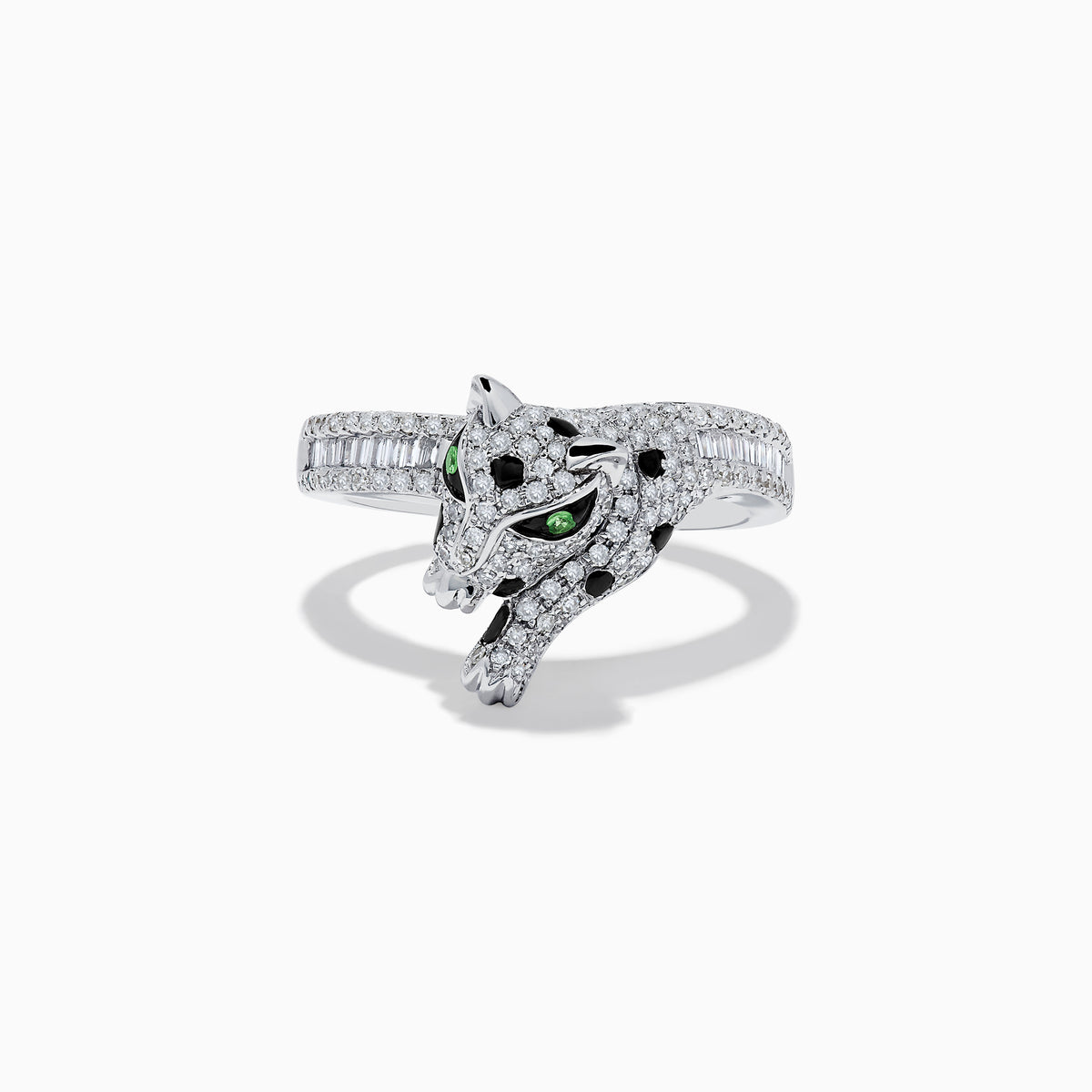 The Signature 14K White Gold Diamond and Tsavorite Panther Ring features a panther design with dazzling diamonds and vivid green tsavorite accents set in white gold.