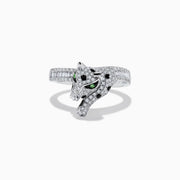 The Signature 14K White Gold Diamond and Tsavorite Panther Ring features a panther design with dazzling diamonds and vivid green tsavorite accents set in white gold.
