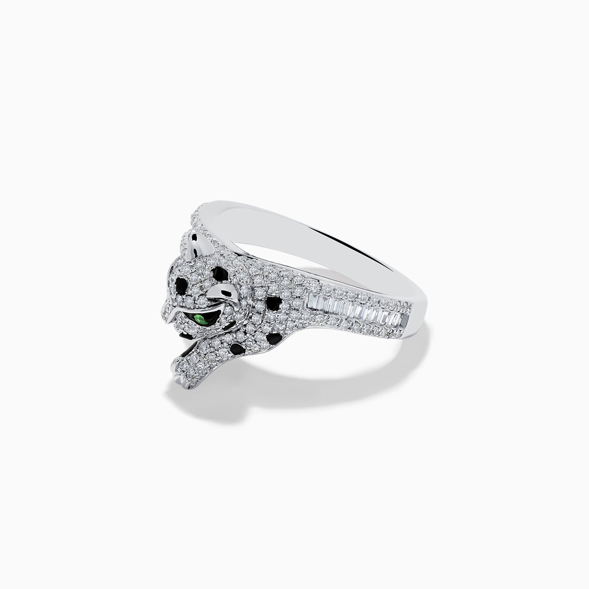 The Signature 14K White Gold Diamond and Tsavorite Panther Ring features a panther design with dazzling diamonds and vivid green tsavorite accents set in white gold.