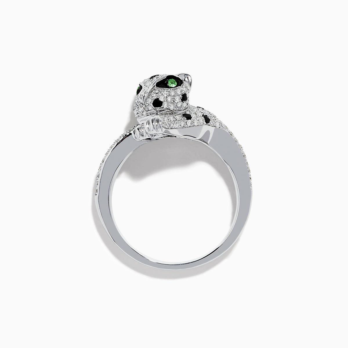The Signature 14K White Gold Diamond and Tsavorite Panther Ring features a panther design with dazzling diamonds and vivid green tsavorite accents set in white gold.