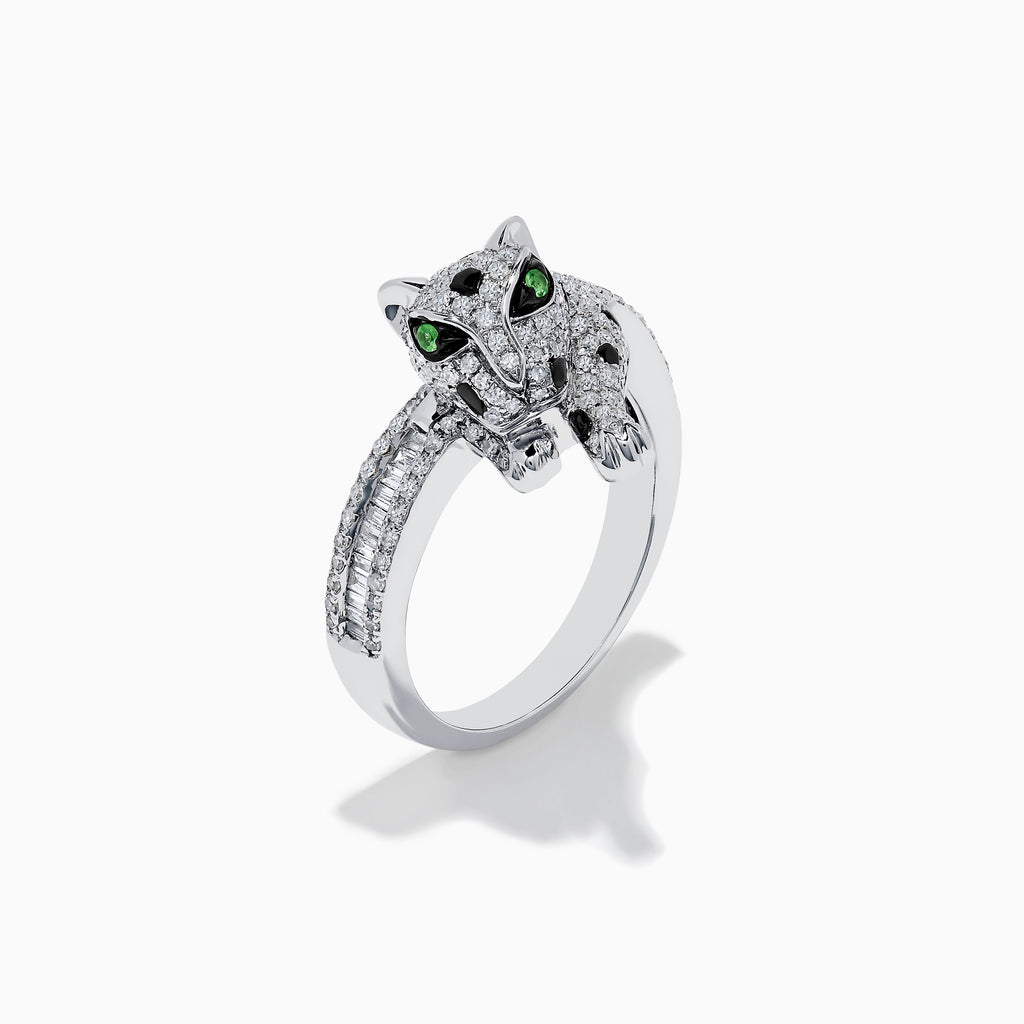 The Signature 14K White Gold Diamond and Tsavorite Panther Ring features a panther design with dazzling diamonds and vivid green tsavorite accents set in white gold.