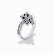 The Signature 14K White Gold Diamond and Tsavorite Panther Ring features a panther design with dazzling diamonds and vivid green tsavorite accents set in white gold.