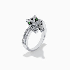 The Signature 14K White Gold Diamond and Tsavorite Panther Ring features a panther design with dazzling diamonds and vivid green tsavorite accents set in white gold.