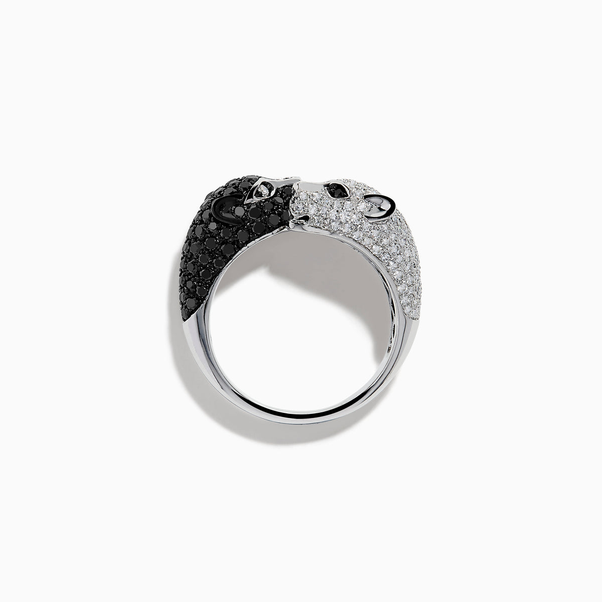 The Signature 14K White and Black Diamond Panther Bypass Ring features a panther head with black diamonds and a body with sparkling white diamonds, elegantly wrapping around the finger for a bold, contrasting look.