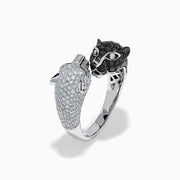 The Signature 14K White and Black Diamond Panther Bypass Ring features a panther head with black diamonds and a body with sparkling white diamonds, elegantly wrapping around the finger for a bold, contrasting look.