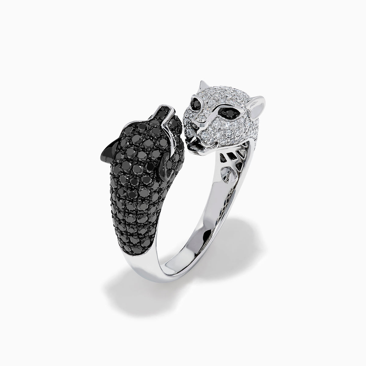 The Signature 14K White and Black Diamond Panther Bypass Ring features a panther head with black diamonds and a body with sparkling white diamonds, elegantly wrapping around the finger for a bold, contrasting look.