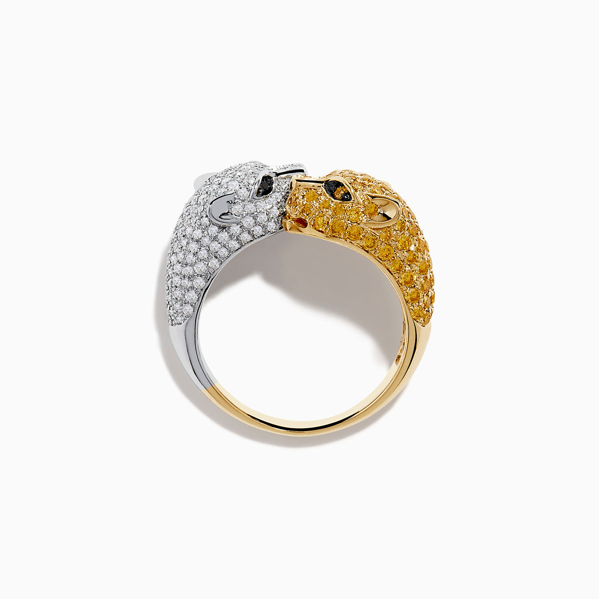 The Signature 14K 2-Tone Gold Bypass Ring features two panther heads set with white, yellow, and black diamonds facing each other for a striking look.