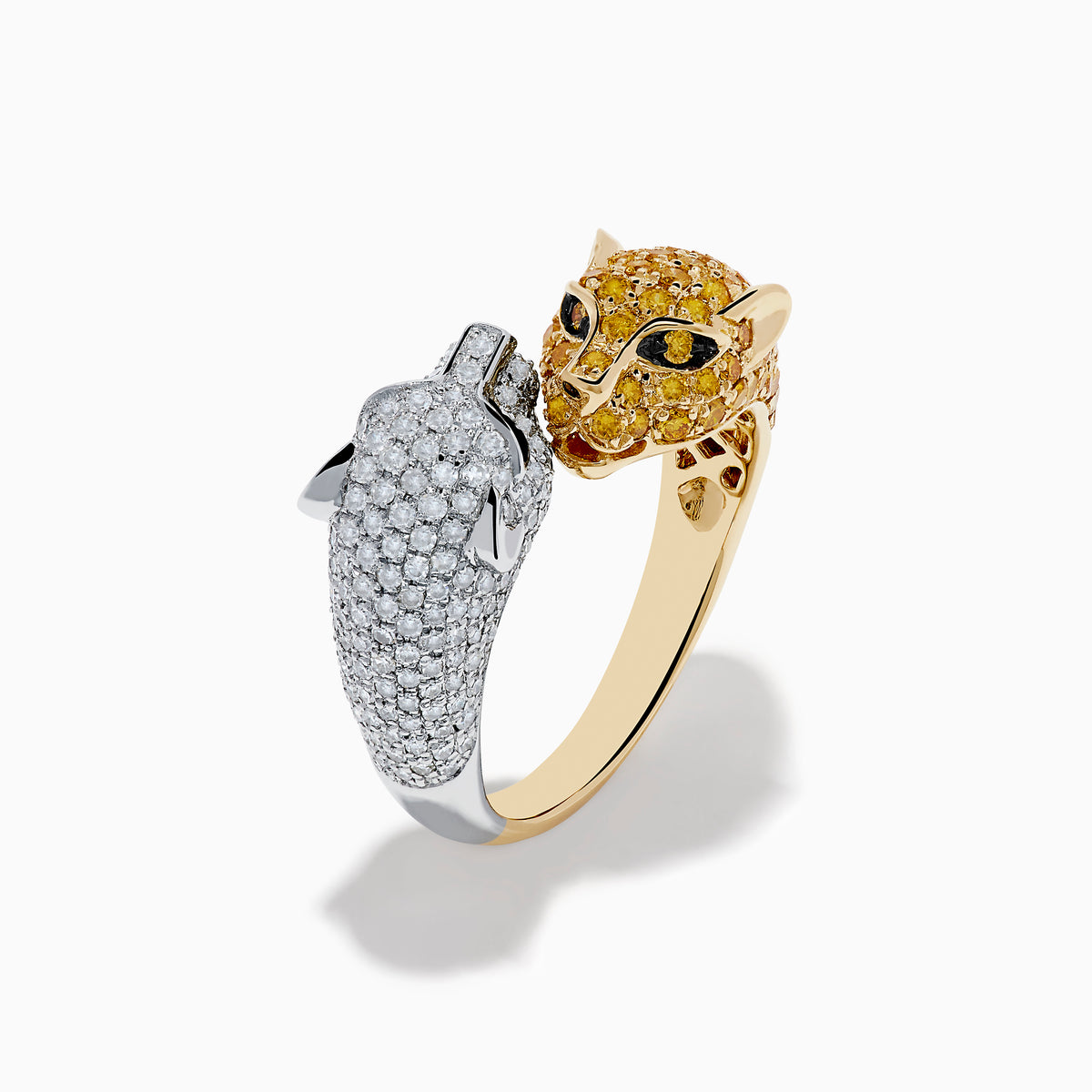 The Signature 14K 2-Tone Gold Bypass Ring features two panther heads set with white, yellow, and black diamonds facing each other for a striking look.