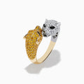 The Signature 14K 2-Tone Gold Bypass Ring features two panther heads set with white, yellow, and black diamonds facing each other for a striking look.