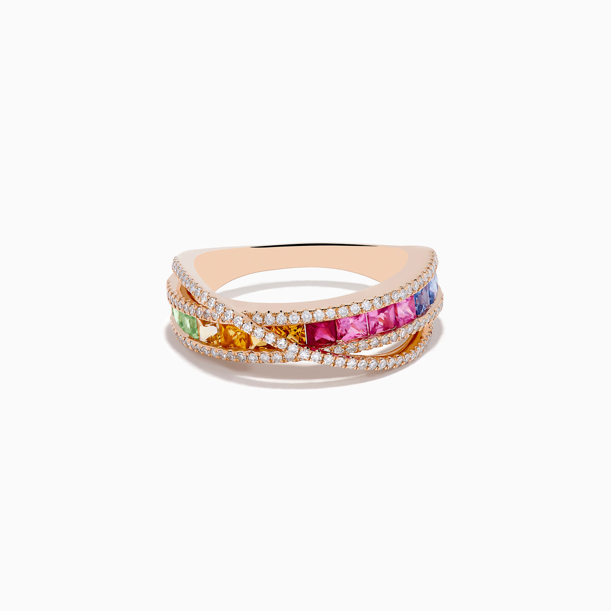 The Watercolors 14K Rose Gold Multi Color Sapphire and Diamond Band Ring features intertwined diamond-lined bands and a central row of green, orange, pink, red, and blue square-cut sapphires against a white background.