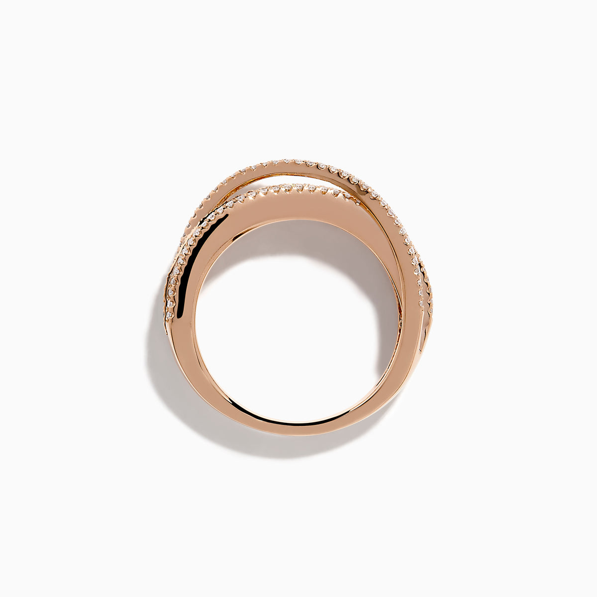 The Watercolors 14K Rose Gold Multi Color Sapphire and Diamond Band Ring features intertwined diamond-lined bands and a central row of green, orange, pink, red, and blue square-cut sapphires against a white background.