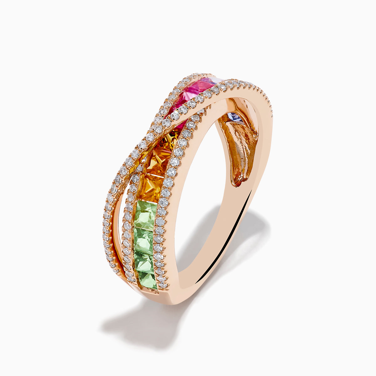 The Watercolors 14K Rose Gold Multi Color Sapphire and Diamond Band Ring features intertwined diamond-lined bands and a central row of green, orange, pink, red, and blue square-cut sapphires against a white background.