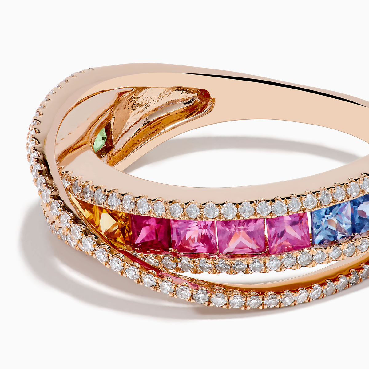 The Watercolors 14K Rose Gold Multi Color Sapphire and Diamond Band Ring features intertwined diamond-lined bands and a central row of green, orange, pink, red, and blue square-cut sapphires against a white background.