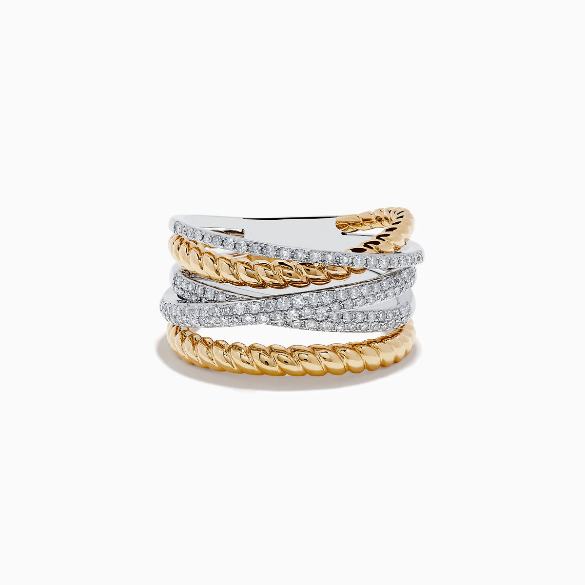 The Duo 14K Two-Tone Gold Diamond Crossover Ring features twisted gold bands and pavé-set diamonds in a stylish, layered design.