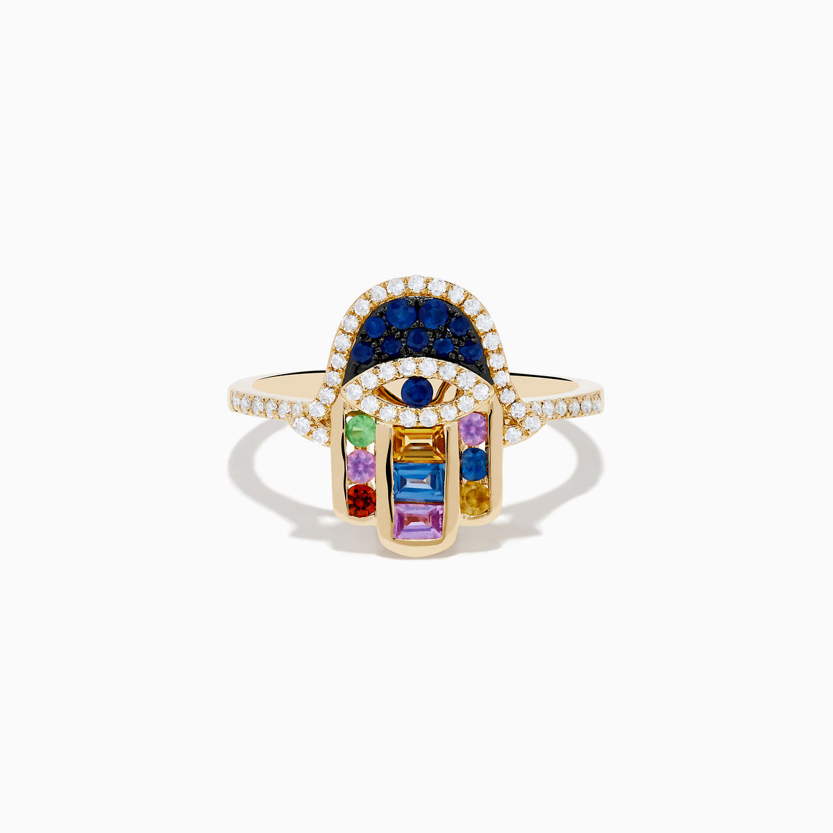 The Novelty 14K Yellow Gold Multi Color Sapphire and Diamond Hamsa Ring features a hand design with diamonds, blue gemstones, and square-cut sapphires in red, green, yellow, and purple on a white background.