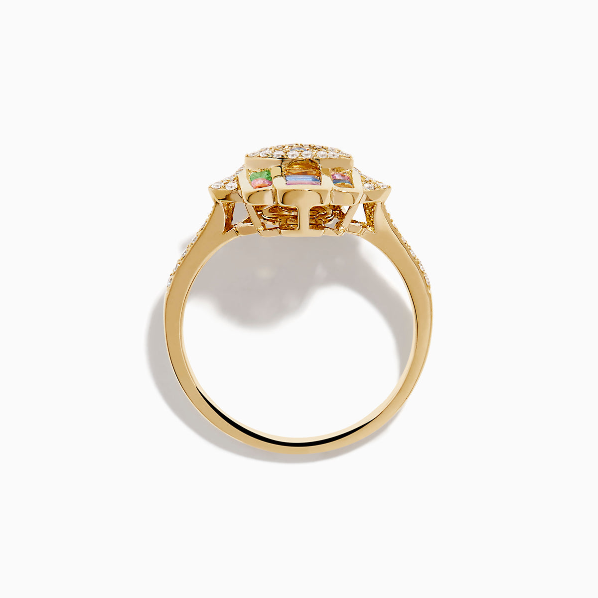 The Novelty 14K Yellow Gold Multi Color Sapphire and Diamond Hamsa Ring features a hand design with diamonds, blue gemstones, and square-cut sapphires in red, green, yellow, and purple on a white background.