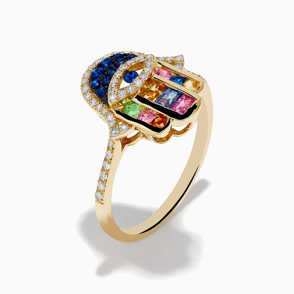 The Novelty 14K Yellow Gold Multi Color Sapphire and Diamond Hamsa Ring features a hand design with diamonds, blue gemstones, and square-cut sapphires in red, green, yellow, and purple on a white background.