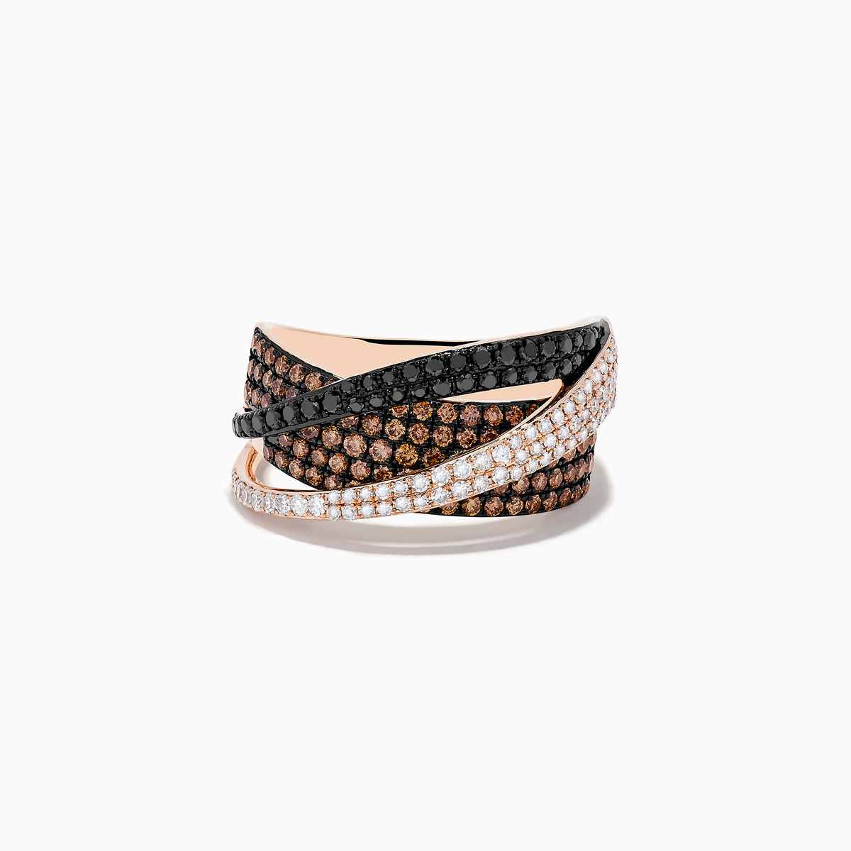 The 14K Rose Gold Black, Brown, and White Diamond Crossover Ring 1.15 TCW features intertwined bands of pavé diamonds in a modern design inspired by the Effy Espresso collection.