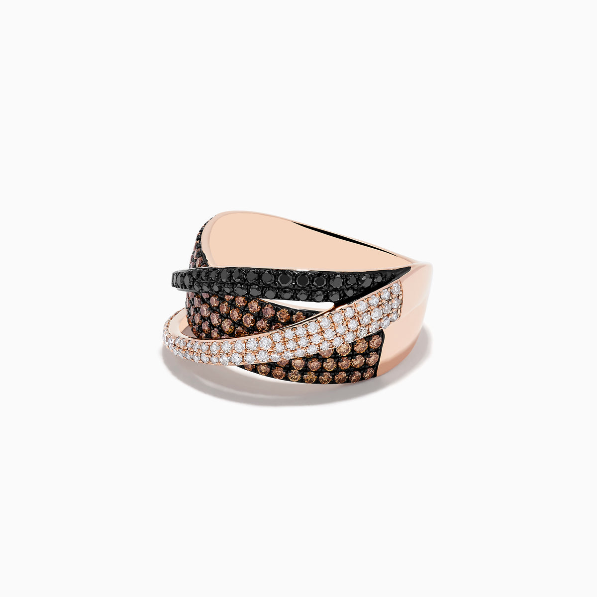 The 14K Rose Gold Black, Brown, and White Diamond Crossover Ring 1.15 TCW features intertwined bands of pavé diamonds in a modern design inspired by the Effy Espresso collection.