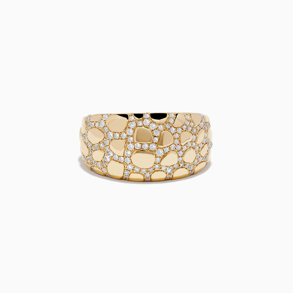 The Doro 14K Yellow Gold Animal Print Diamond Ring features a wide band with an irregular pebble pattern and sparkling diamonds, creating a textured, luxurious animal print-inspired look.