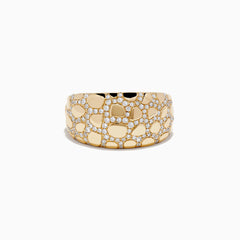 The Doro 14K Yellow Gold Animal Print Diamond Ring features a wide band with an irregular pebble pattern and sparkling diamonds, creating a textured, luxurious animal print-inspired look.