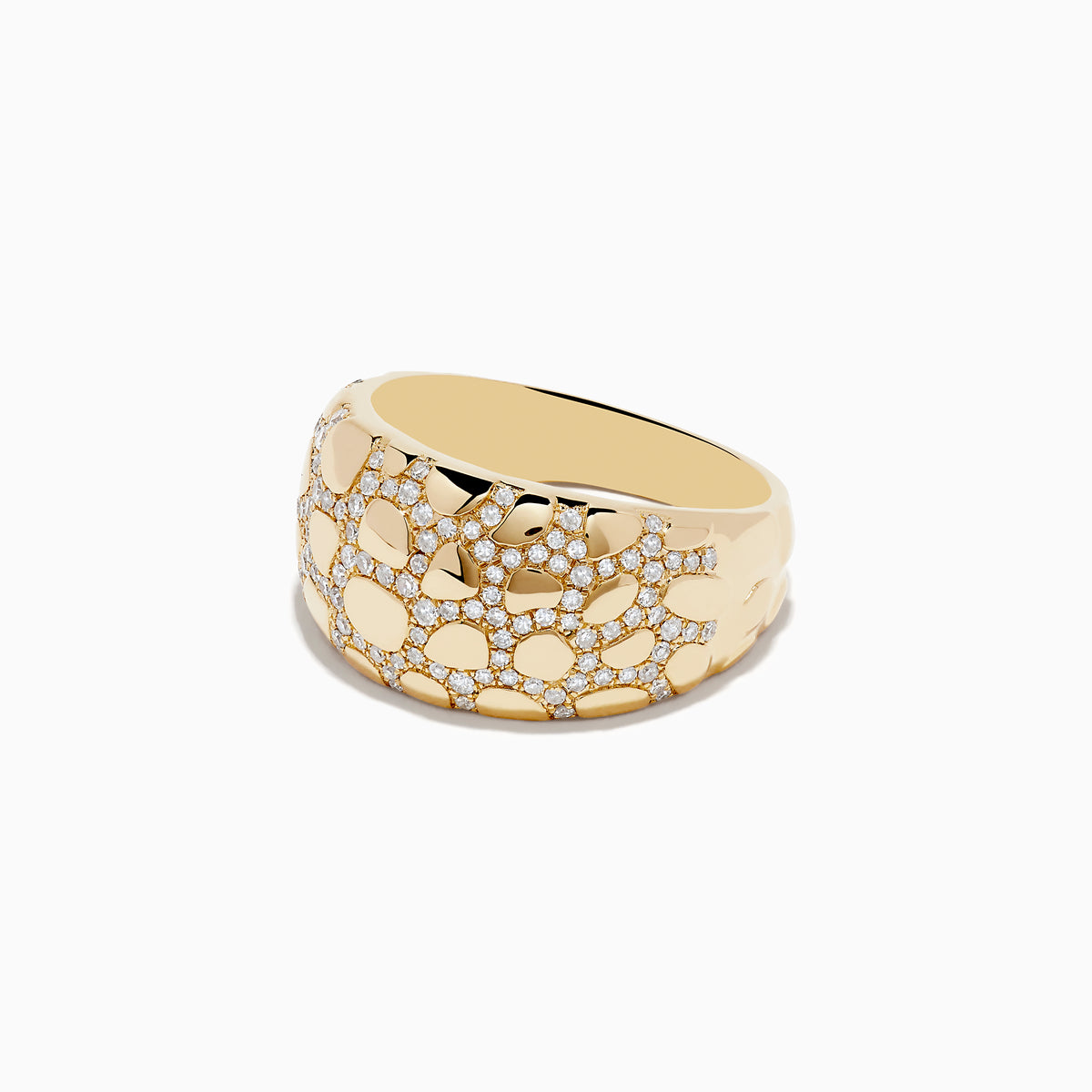 The Doro 14K Yellow Gold Animal Print Diamond Ring features a wide band with an irregular pebble pattern and sparkling diamonds, creating a textured, luxurious animal print-inspired look.