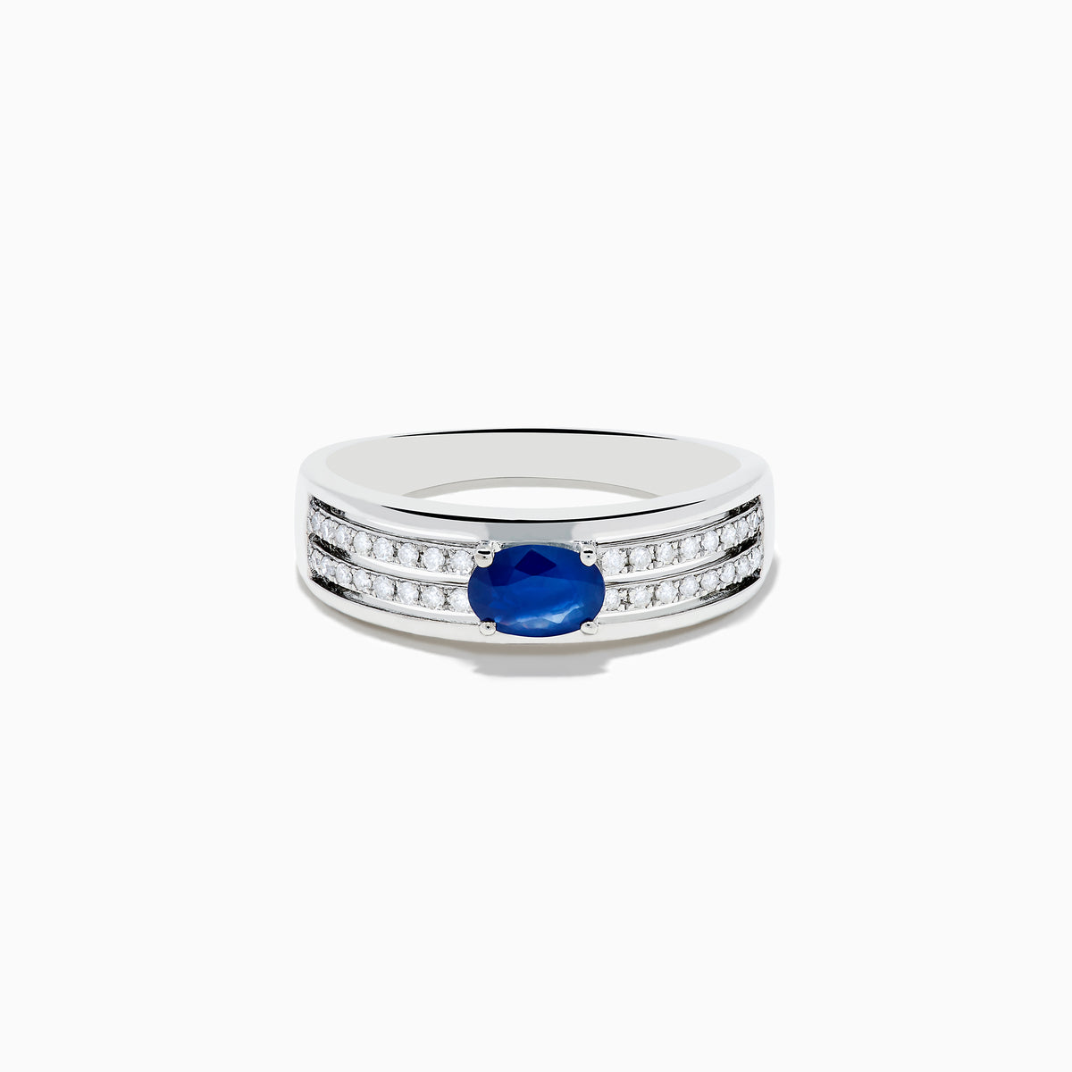 The 925 Sterling Silver Blue Sapphire and Diamond Ring showcases an oval blue sapphire centerpiece accented by two rows of sparkling round white diamonds along the band.