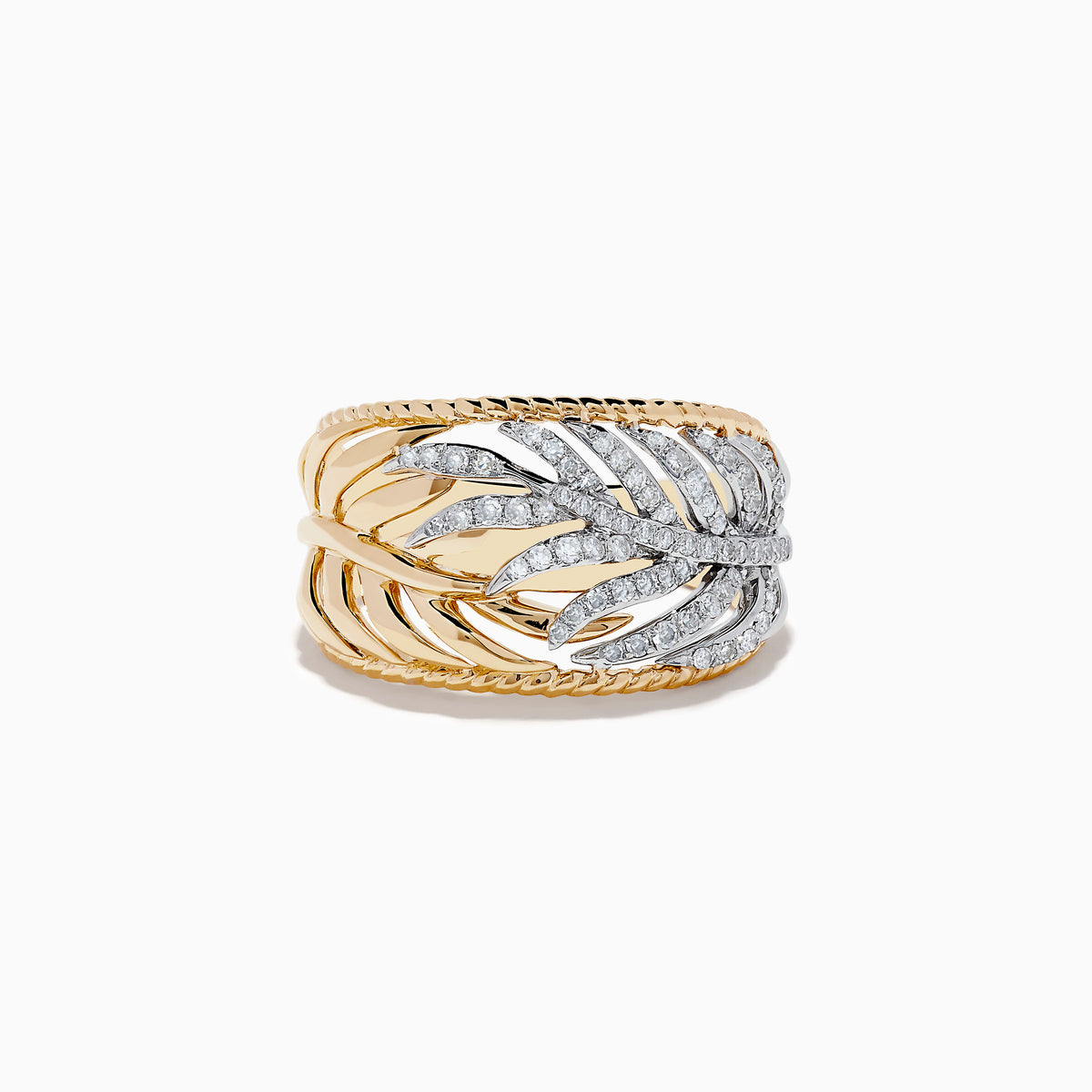 The Duo 14K Two-Tone Gold Diamond Leaf Ring showcases an openwork leaf design with sparkling white diamonds on the central motif, set against a plain white background.