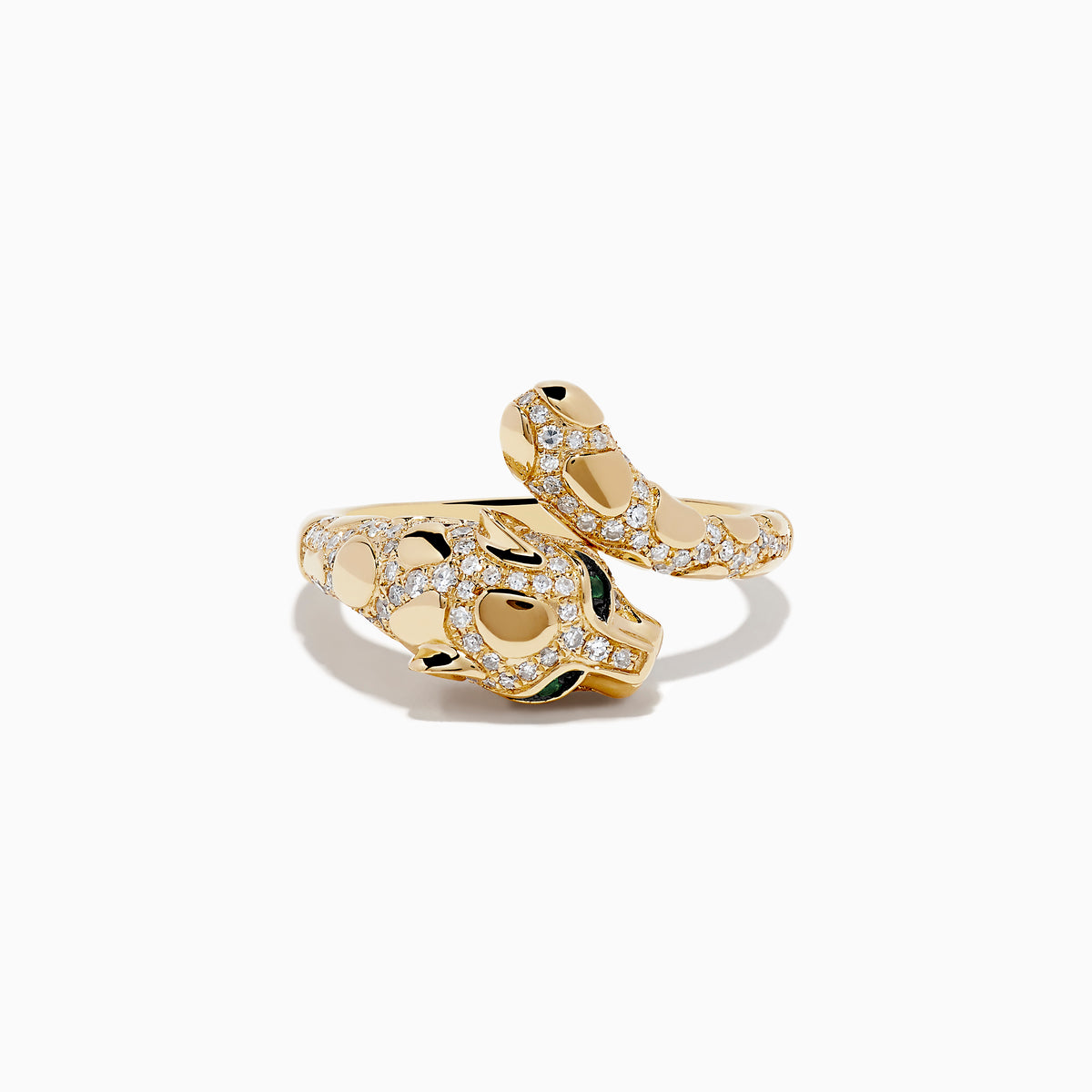 The Signature 14K Yellow Gold Emerald and Diamond Panther Ring wraps around the finger, featuring emerald gemstone eyes, black enamel accents, and small white diamonds on a plain white background.