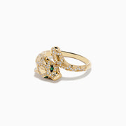 The Signature 14K Yellow Gold Emerald and Diamond Panther Ring wraps around the finger, featuring emerald gemstone eyes, black enamel accents, and small white diamonds on a plain white background.