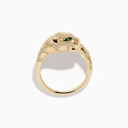 The Signature 14K Yellow Gold Emerald and Diamond Panther Ring wraps around the finger, featuring emerald gemstone eyes, black enamel accents, and small white diamonds on a plain white background.