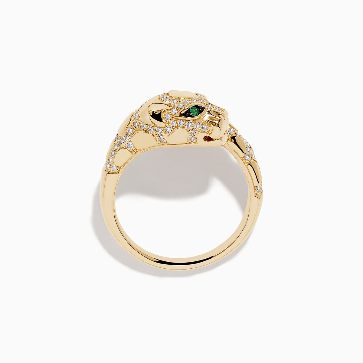 The Signature 14K Yellow Gold Emerald and Diamond Panther Ring wraps around the finger, featuring emerald gemstone eyes, black enamel accents, and small white diamonds on a plain white background.