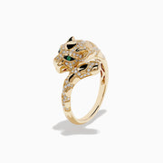 The Signature 14K Yellow Gold Emerald and Diamond Panther Ring wraps around the finger, featuring emerald gemstone eyes, black enamel accents, and small white diamonds on a plain white background.