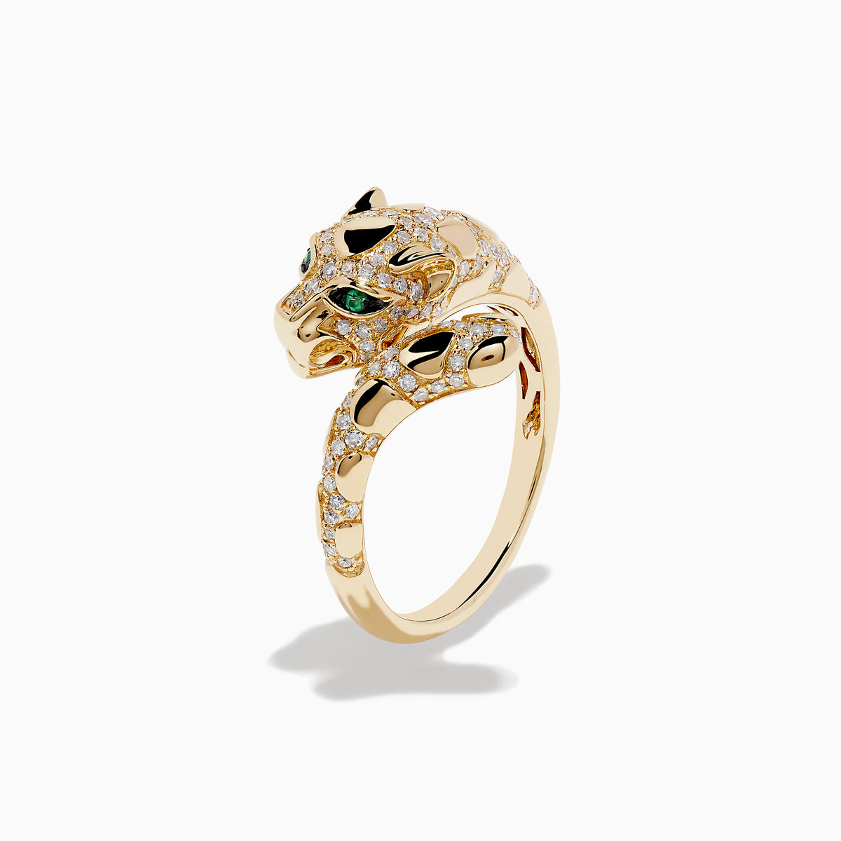 The Signature 14K Yellow Gold Emerald and Diamond Panther Ring wraps around the finger, featuring emerald gemstone eyes, black enamel accents, and small white diamonds on a plain white background.